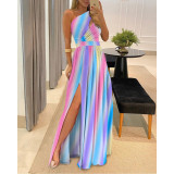 Slanted shoulder long skirt temperament sleeveless high waisted slit dress