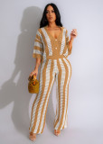 Women's V-neck hollow striped flip collar knitted wide pants set