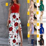 Slanted shoulder long skirt temperament sleeveless high waisted slit dress