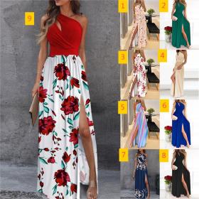 Slanted shoulder long skirt temperament sleeveless high waisted slit dress