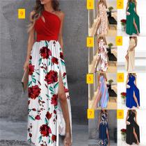 Slanted shoulder long skirt temperament sleeveless high waisted slit dress Slanted shoulder long skirt temperament sleeveless high waisted slit dress