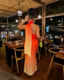 Hanging neck slanted shoulder gradient wrap buttocks backless dress