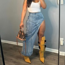 Slim fit sexy split stretch denim skirt