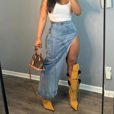 Slim fit sexy split stretch denim skirt