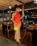 Hanging neck slanted shoulder gradient wrap buttocks backless dress