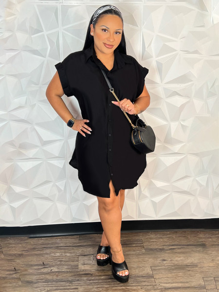 Polo collar short sleeved shirt cardigan single breasted dress