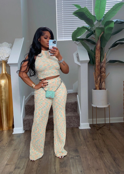 Sleeveless printed wide leg pants two-piece set