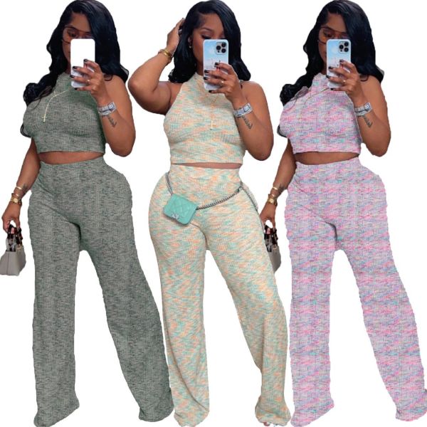 Sleeveless printed wide leg pants two-piece set