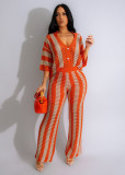 Women's V-neck hollow striped flip collar knitted wide pants set