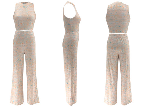 Sleeveless printed wide leg pants two-piece set