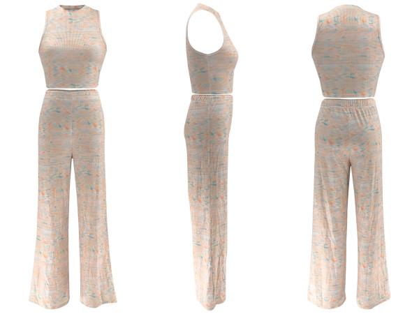 Sleeveless printed wide leg pants two-piece set
