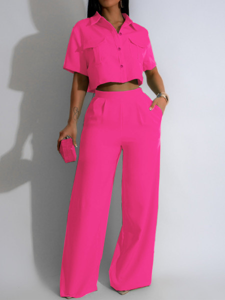 Flip collar short sleeved high waisted wide leg long pants set
