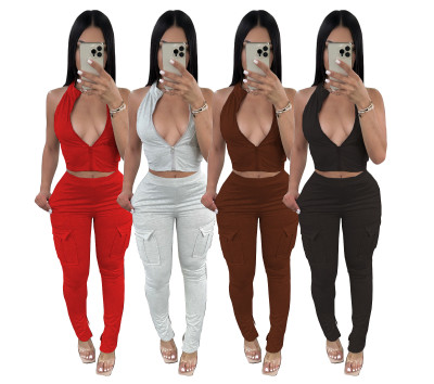 Tight zippered top with split cuffs for buttocks lifting pants set