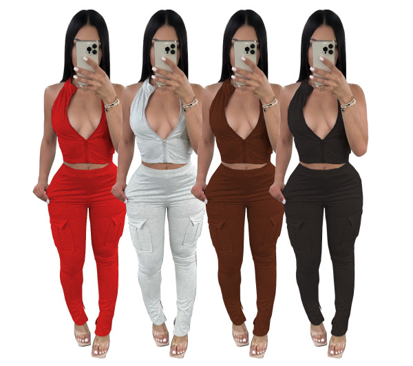 Tight zippered top with split cuffs for buttocks lifting pants set