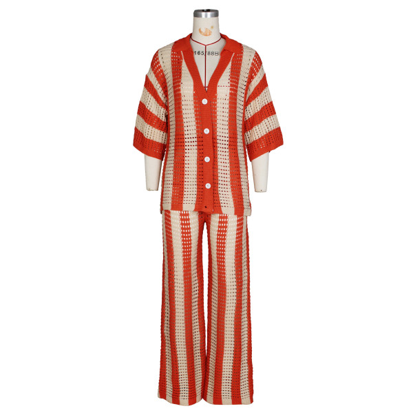Women's V-neck hollow striped flip collar knitted wide pants set