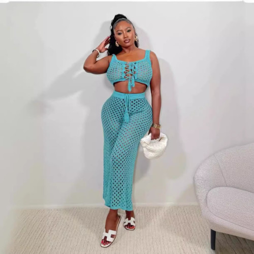 Lace up mesh vest top, buttocks wrapped knit pants set