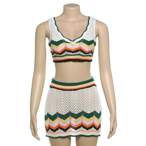 Color blocking sexy V-neck exposed navel vest, high waist wrapped hip short skirt set