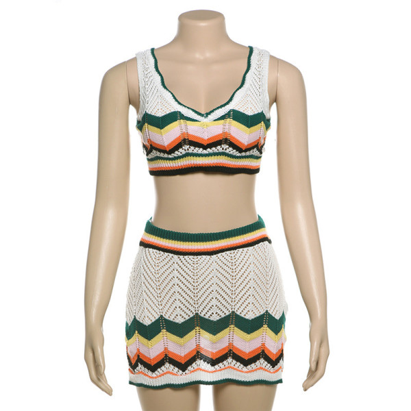 Color blocking sexy V-neck exposed navel vest, high waist wrapped hip short skirt set