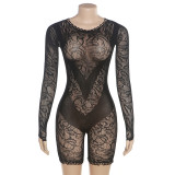 Jacquard perspective long sleeved high waisted tight fitting jumpsuit shorts