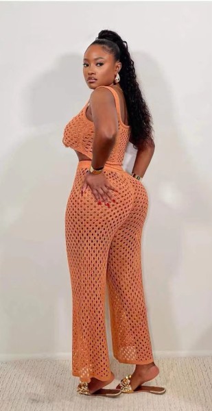 Lace up mesh vest top, buttocks wrapped knit pants set