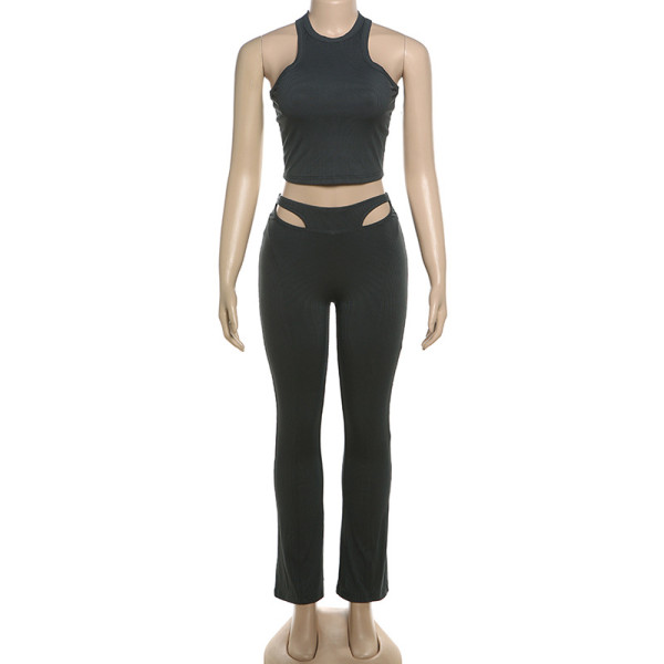 Bare navel slimming vest, high waisted hollowed out tight pants set