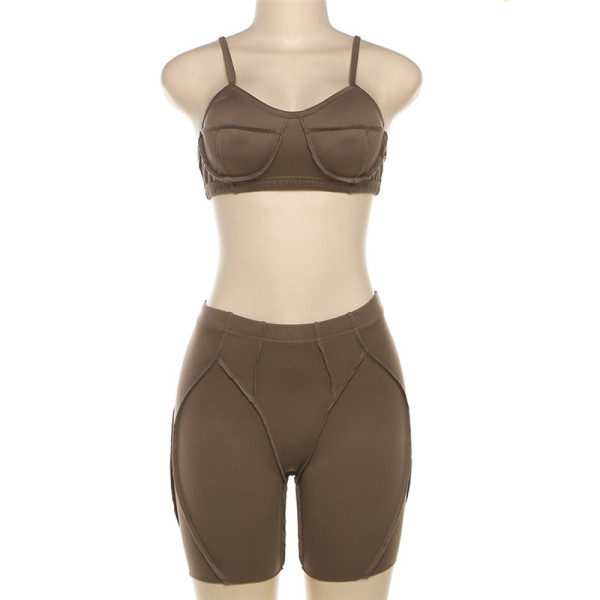 Women's suspender with exposed navel, small vest, high waist, buttocks, and five part pants set