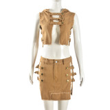 Sleeveless hooded vest tassel wrap hip skirt set