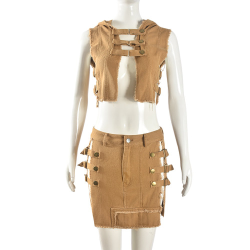 Sleeveless hooded vest tassel wrap hip skirt set