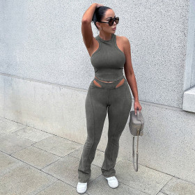 Bare navel slimming vest, high waisted hollowed out tight pants set