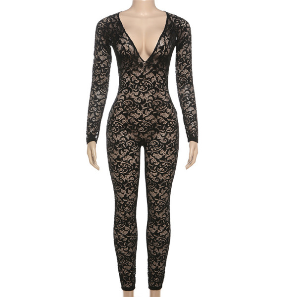 V-neck perspective high waisted tight cut out jumpsuit
