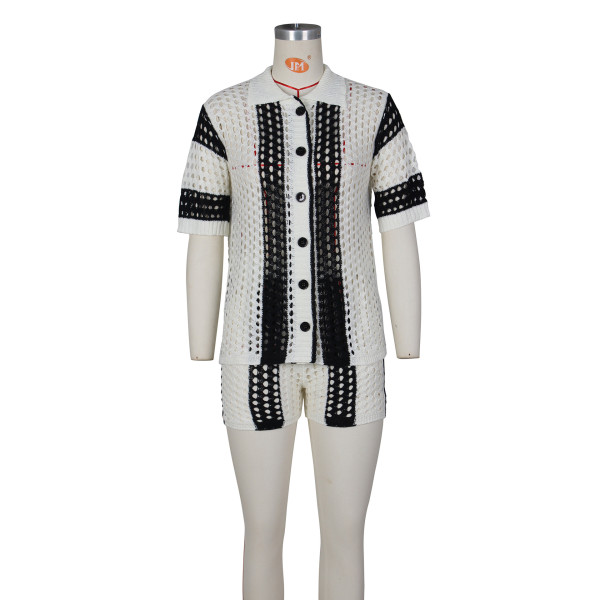 Women's hollowed out perspective lapel knitted shorts set