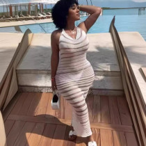 Lace up neck hanging open back knitted camisole long skirt Lace up neck hanging open back knitted camisole long skirt