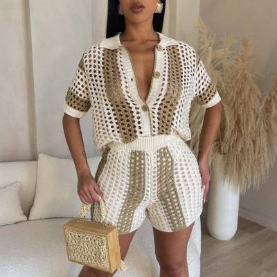 Women's hollowed out perspective lapel knitted shorts set