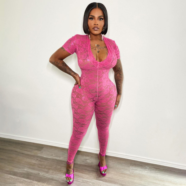 Lace patchwork deep V-neck short sleeved tight jumpsuit