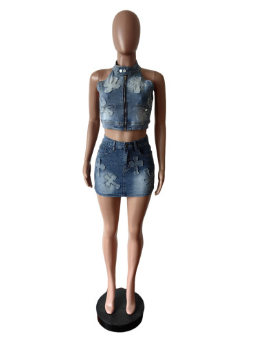 Tank top short skirt elastic embroidered denim skirt set