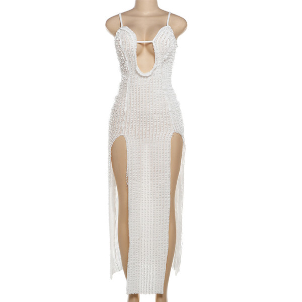 Split leg long suspender low cut dress
