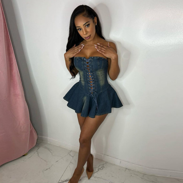Zipper tied chest wrapped denim short dress