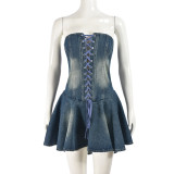 Zipper tied chest wrapped denim short dress