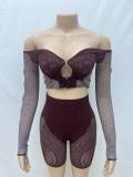 Double layer splicing long sleeved open navel top hollow shorts set