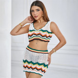 Color blocking sexy V-neck exposed navel vest, high waist wrapped hip short skirt set