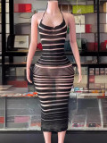 Lace up neck hanging open back knitted camisole long skirt