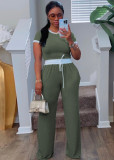 Rib contrasting round neck short sleeved pants set, two-piece