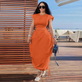 Round necked waist cinched flower bud skirt solid color dress