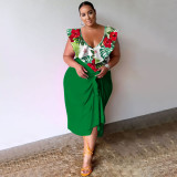 V-neck printed one-piece top print+skirt oversized two-piece set