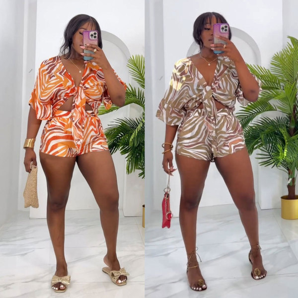 Printed strap bat sleeve loose two-piece set