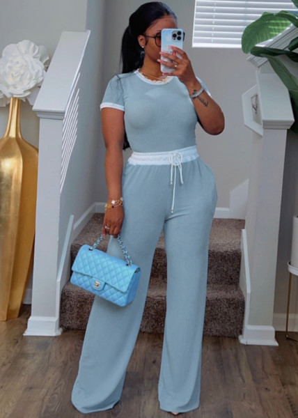Rib contrasting round neck short sleeved pants set, two-piece