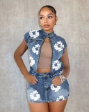 Printed elastic denim short skirt jacket set