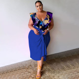 V-neck printed one-piece top print+skirt oversized two-piece set