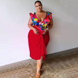 V-neck printed one-piece top print+skirt oversized two-piece set