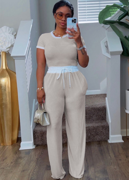 Rib contrasting round neck short sleeved pants set, two-piece